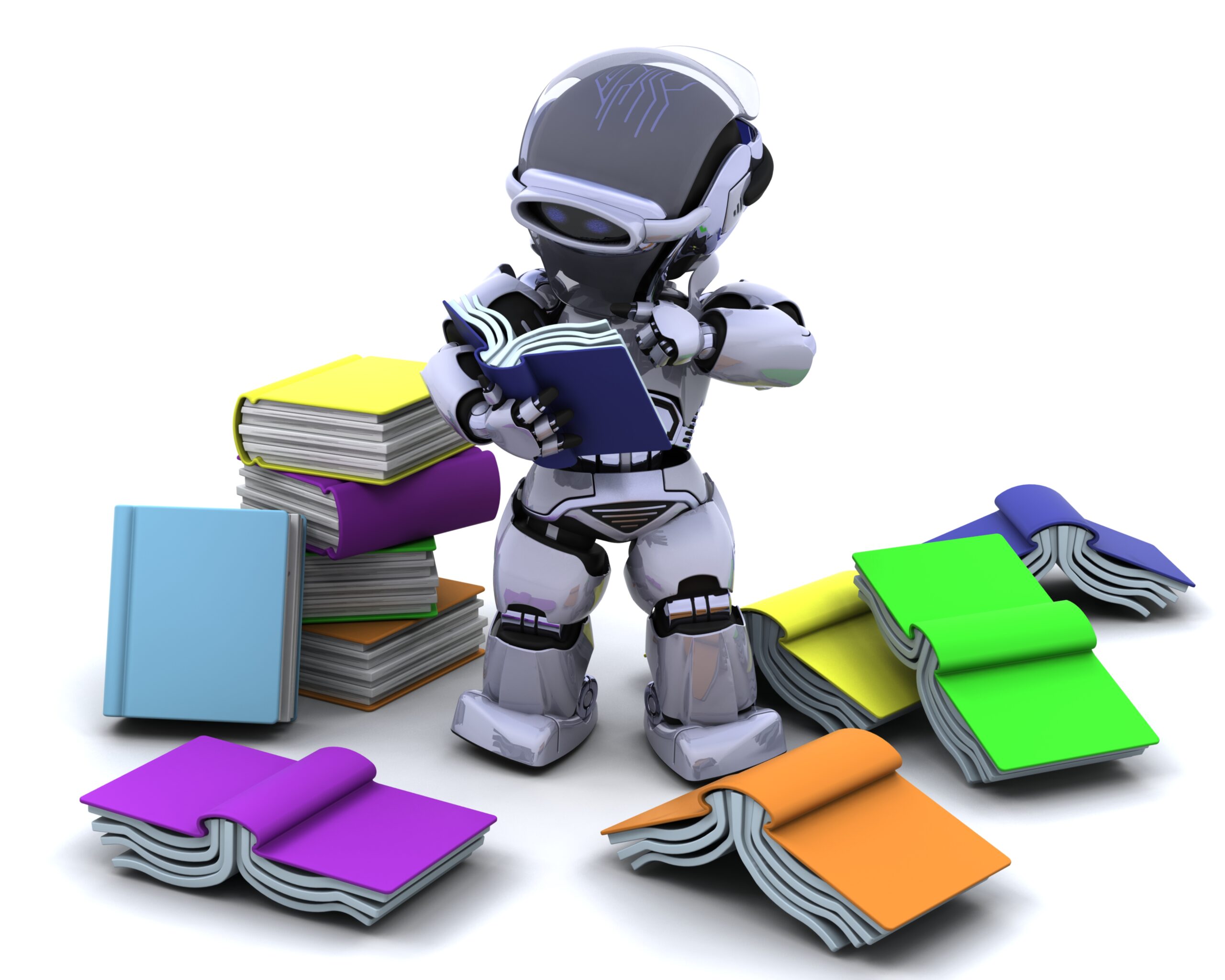 3D Render of robot with books